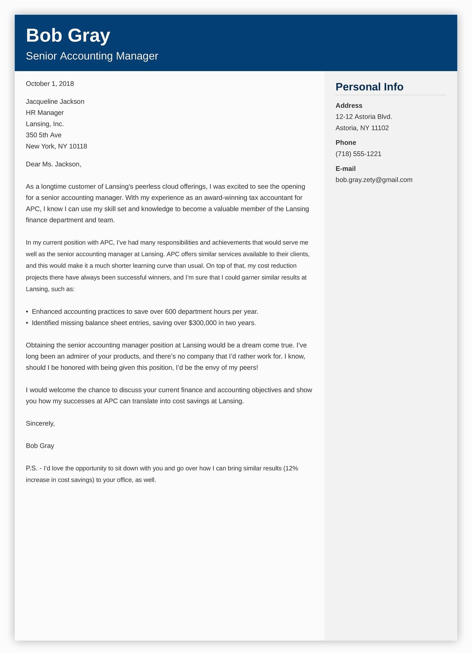 Cover Letter for Resume Sample for Accountant Accounting Cover Letter Example [also for Senior Accountants]