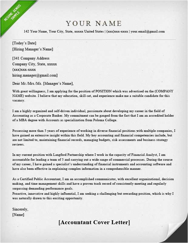 Cover Letter for Resume Sample for Accountant Accounting & Finance Cover Letter Samples
