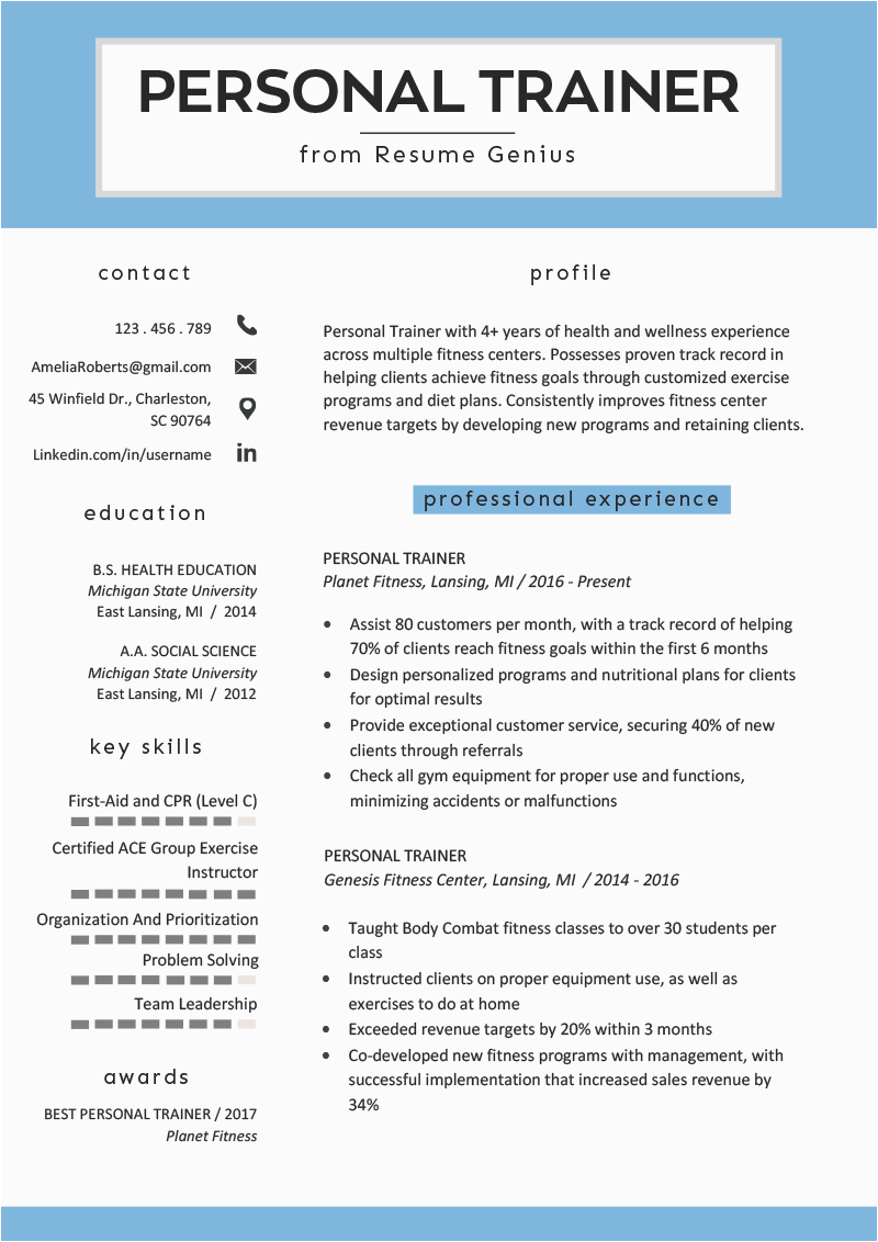 Entry Level Personal Trainer Resume Sample Personal Trainer Resume Sample and Writing Guide