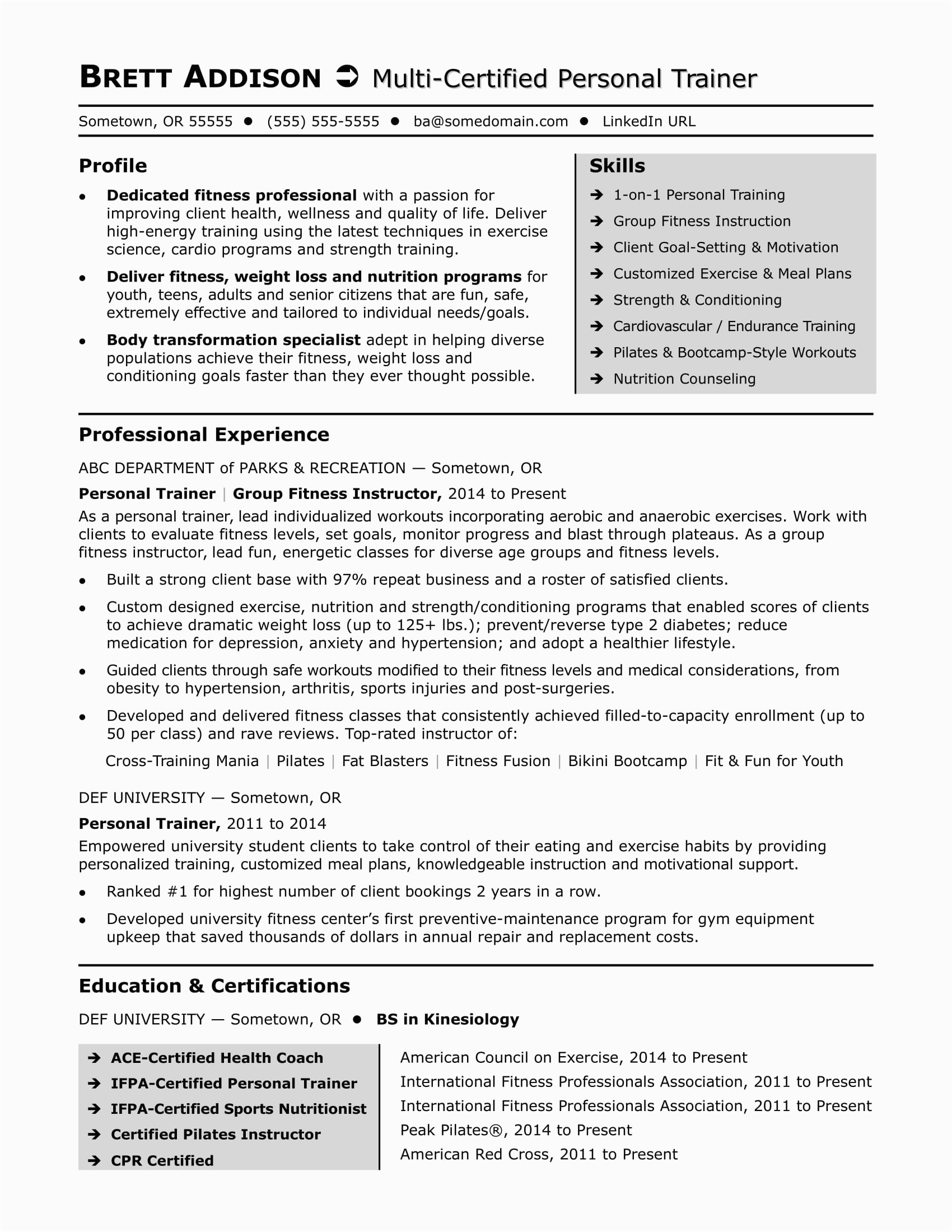 Entry Level Personal Trainer Resume Sample Resume for Fitness Trainer