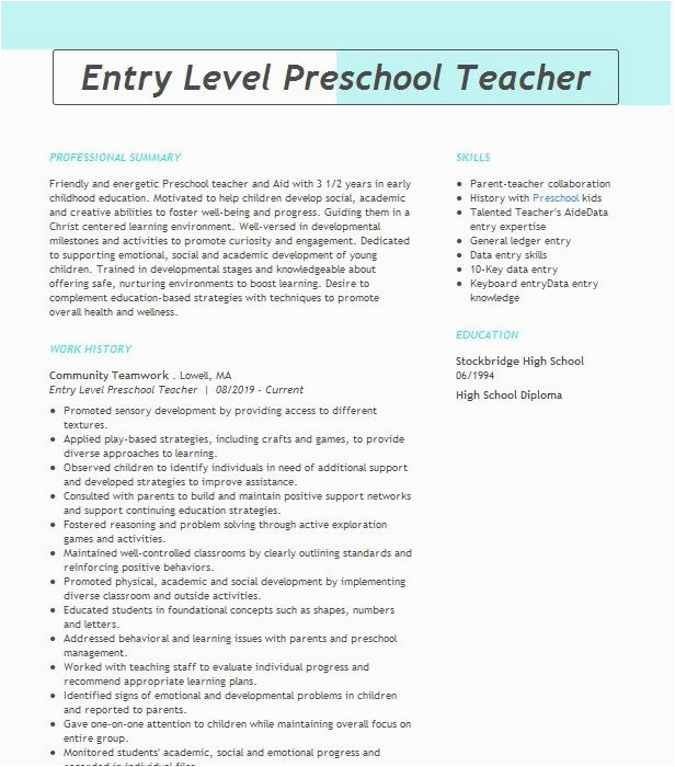 Entry Level Preschool Teacher Resume Sample Entry Level Preschool Teacher Resume Example