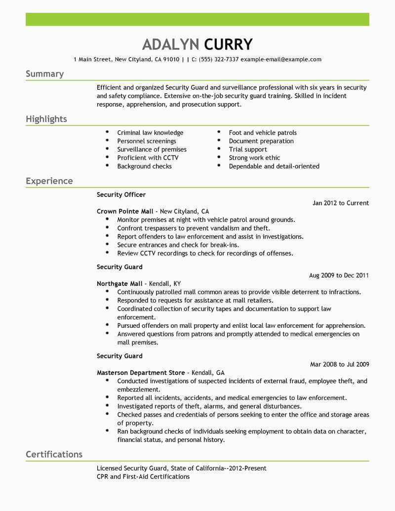 Free Sample Of Resume for Security Guard Best Security Guard Resume Example From Professional Resume Writing Service