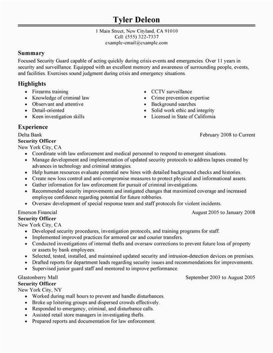 Free Sample Of Resume for Security Guard Security Guard Resume