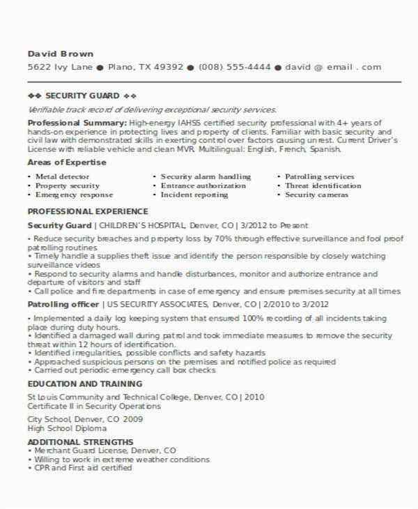 Free Sample Of Resume for Security Guard Security Guard Resume Templates
