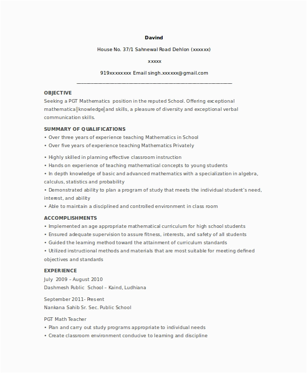 Math Tutor Sample Resume without Experience Free 9 Sample Teacher Resume Templates In Ms Word