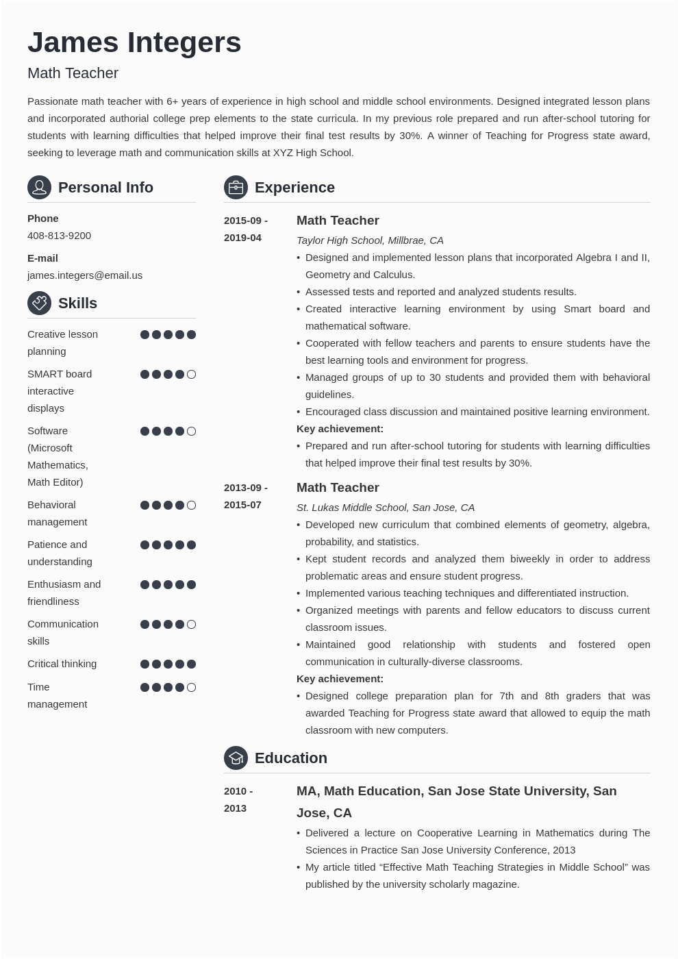 Math Tutor Sample Resume without Experience Math Teacher Resume Examples & Writing Guide [ Skills]