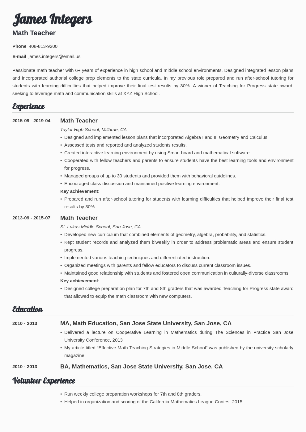 Math Tutor Sample Resume without Experience Math Teacher Resume Examples & Writing Guide [ Skills]