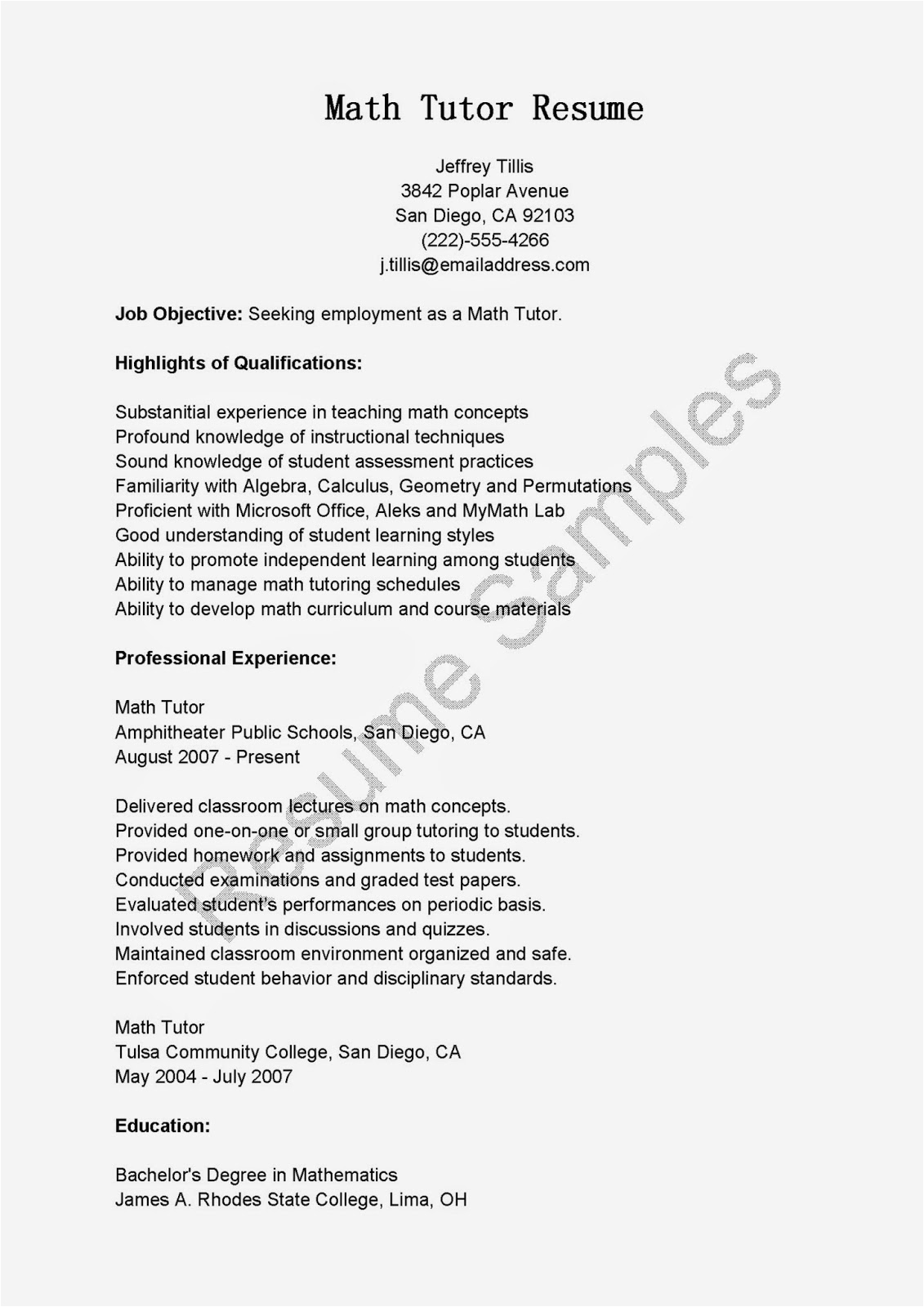 Math Tutor Sample Resume without Experience Resume Samples Math Tutor Resume Sample