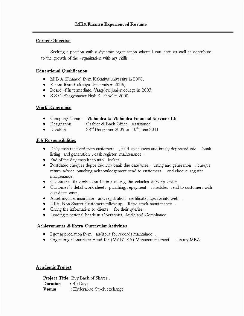 Mba Finance Resume Samples for Experienced Resume format for Mba Finance Experienced