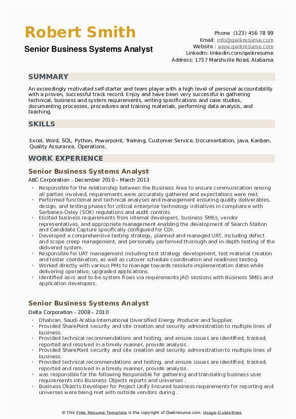 Resume Samples for Business System Analyst Senior Business Systems Analyst Resume Samples