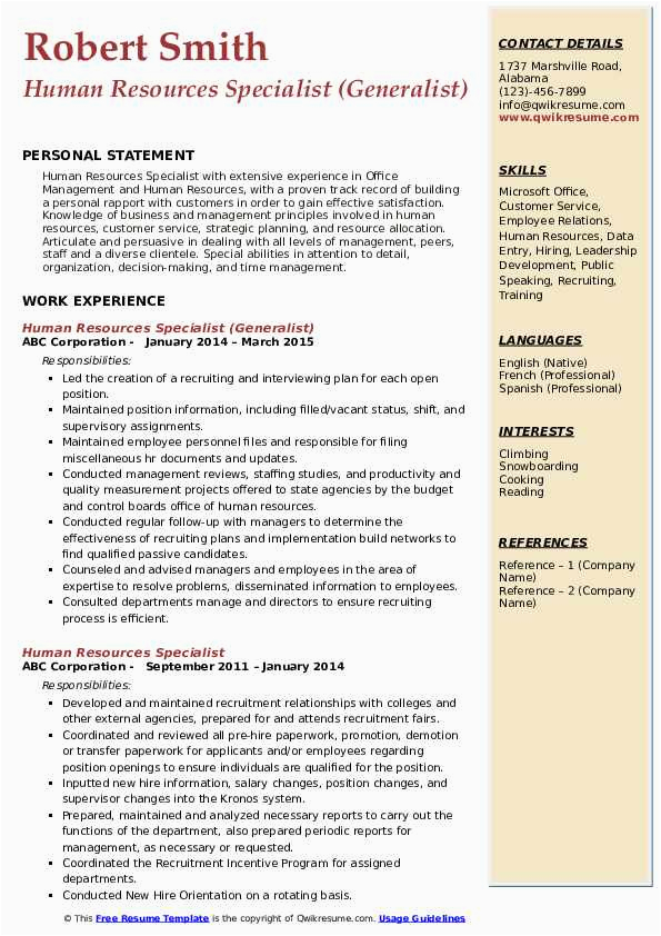 Sample Federal Human Resources Specialist Resume Human Resources Specialist Resume Samples
