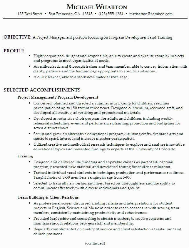 Sample Objectives for Resumes Project Management Resume Project Management Program Development Training