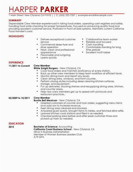 Sample Objectives In Resume for Fast Food Crew Best Restaurant Crew Member Resume Example From Professional Resume