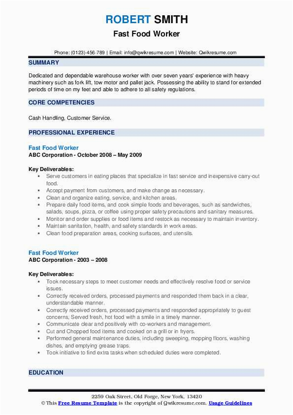 Sample Objectives In Resume for Fast Food Crew Fast Food Worker Resume Samples