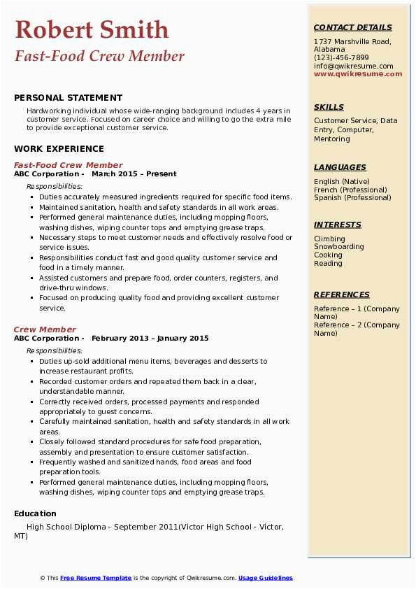 Sample Objectives In Resume for Fast Food Crew Resume Examples for Fast Food Jobs Best Resume Examples