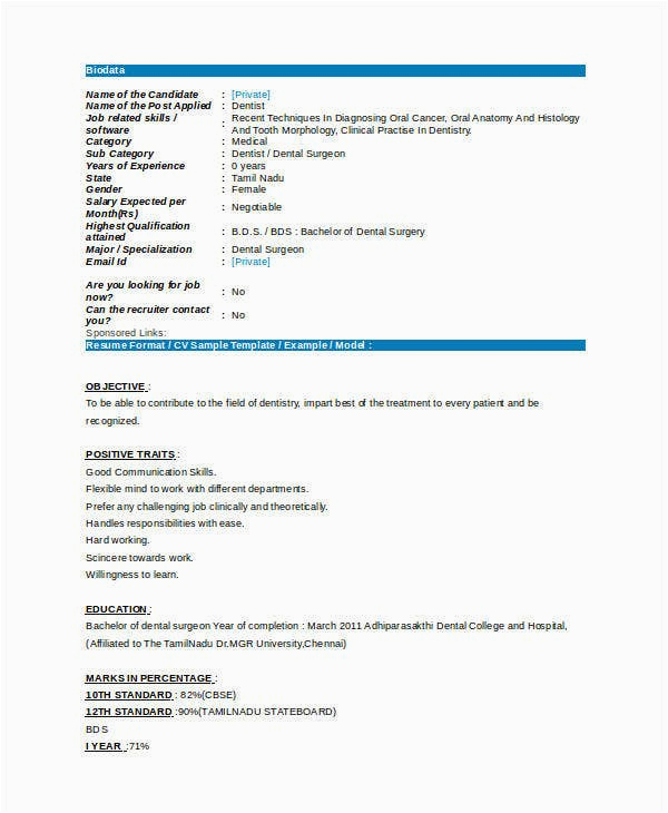 Sample Resume for Bds Freshers India Resume Dentist Fresher