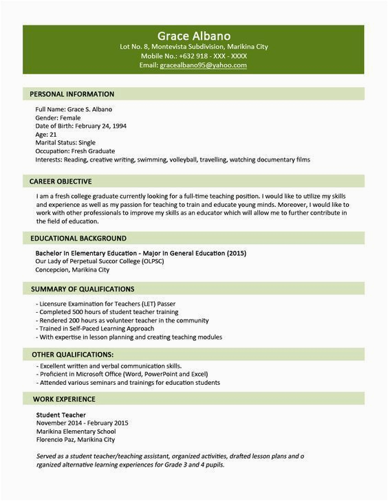 Sample Resume for Fresh Graduate Teachers In the Philippines Teacher Applicant Sample Resume for Fresh Graduate