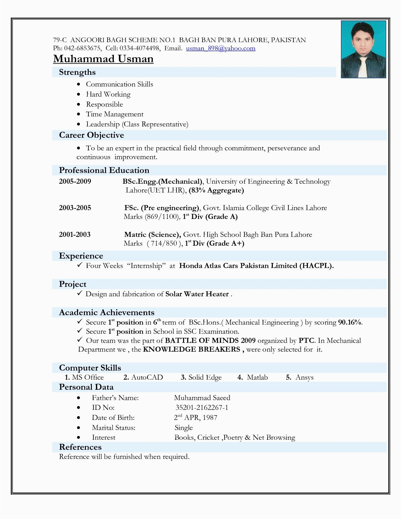 Sample Resume for Fresher Mechanical Engineering Student Cv format for Engineers