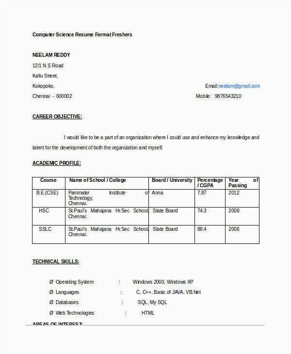 Sample Resume for Freshers Engineers Computer Science Engineering Puter Science Resume format for Freshers