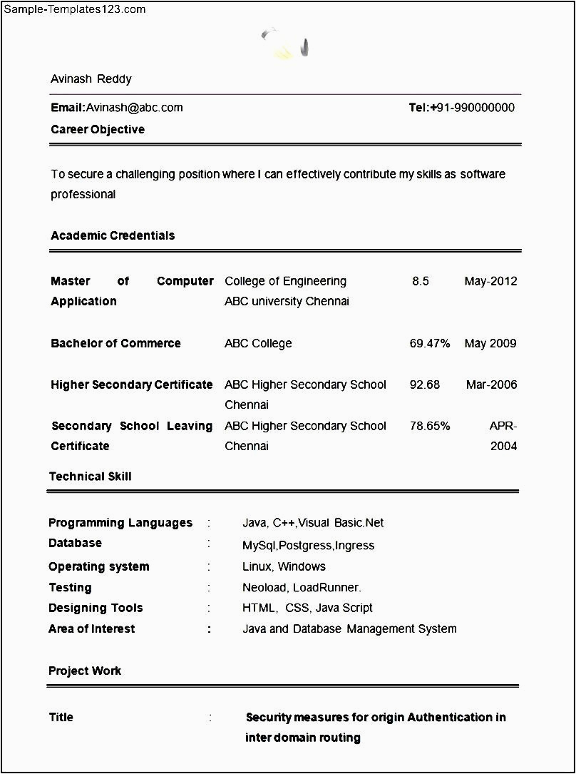 Sample Resume for Freshers It Engineers Puter Engineering Resume Template for Freshers Sample