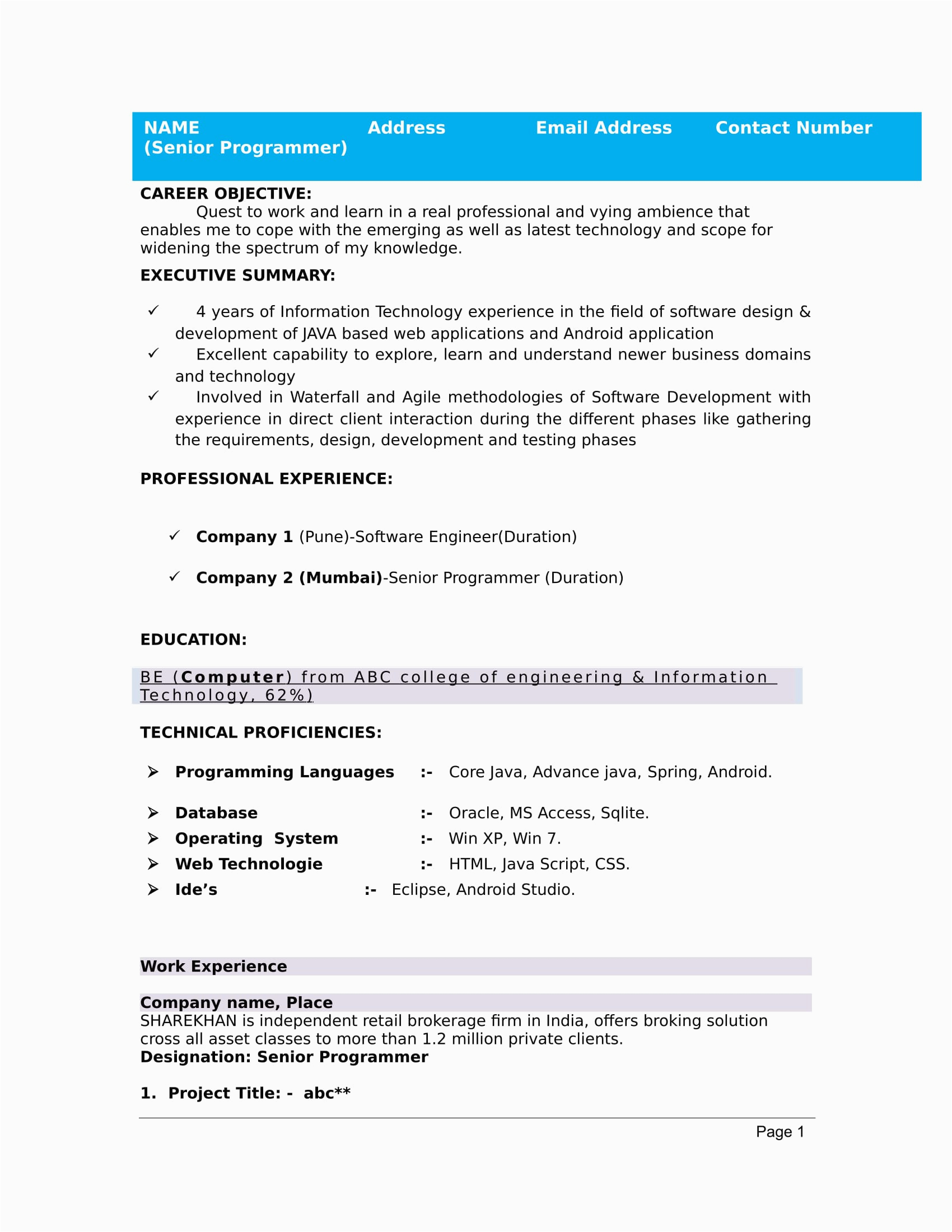 Sample Resume for Freshers It Engineers Resume formats for 2020