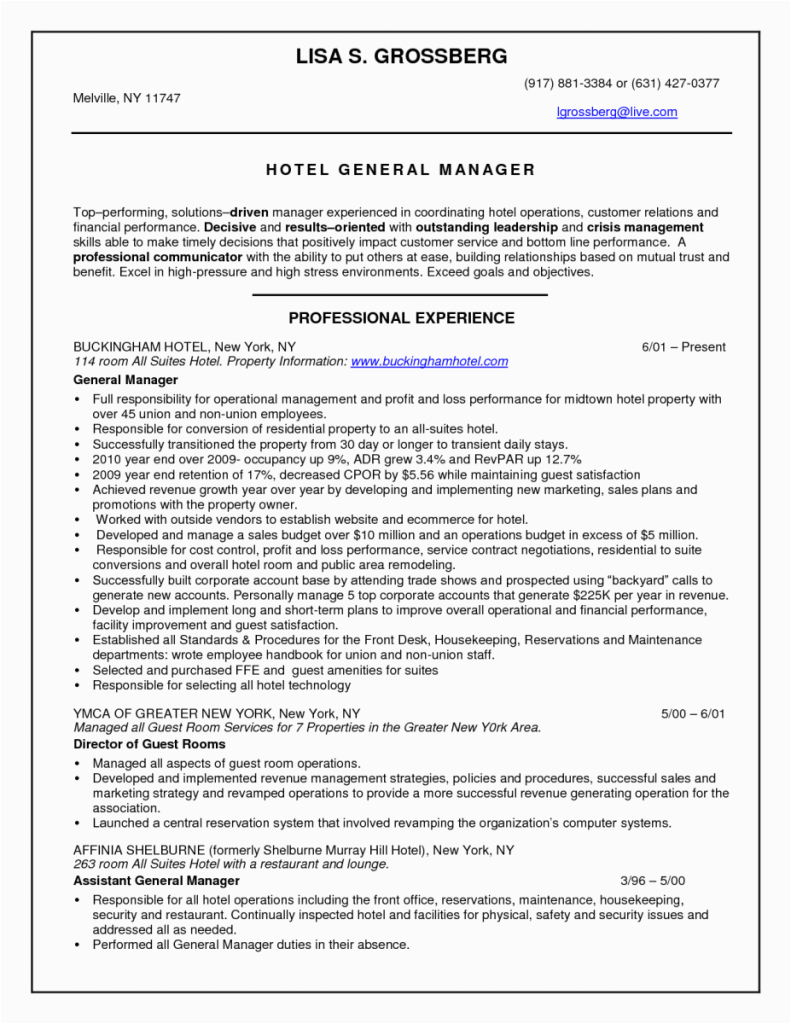 Sample Resume for General Manager Hotel Hotel General Manager Resume