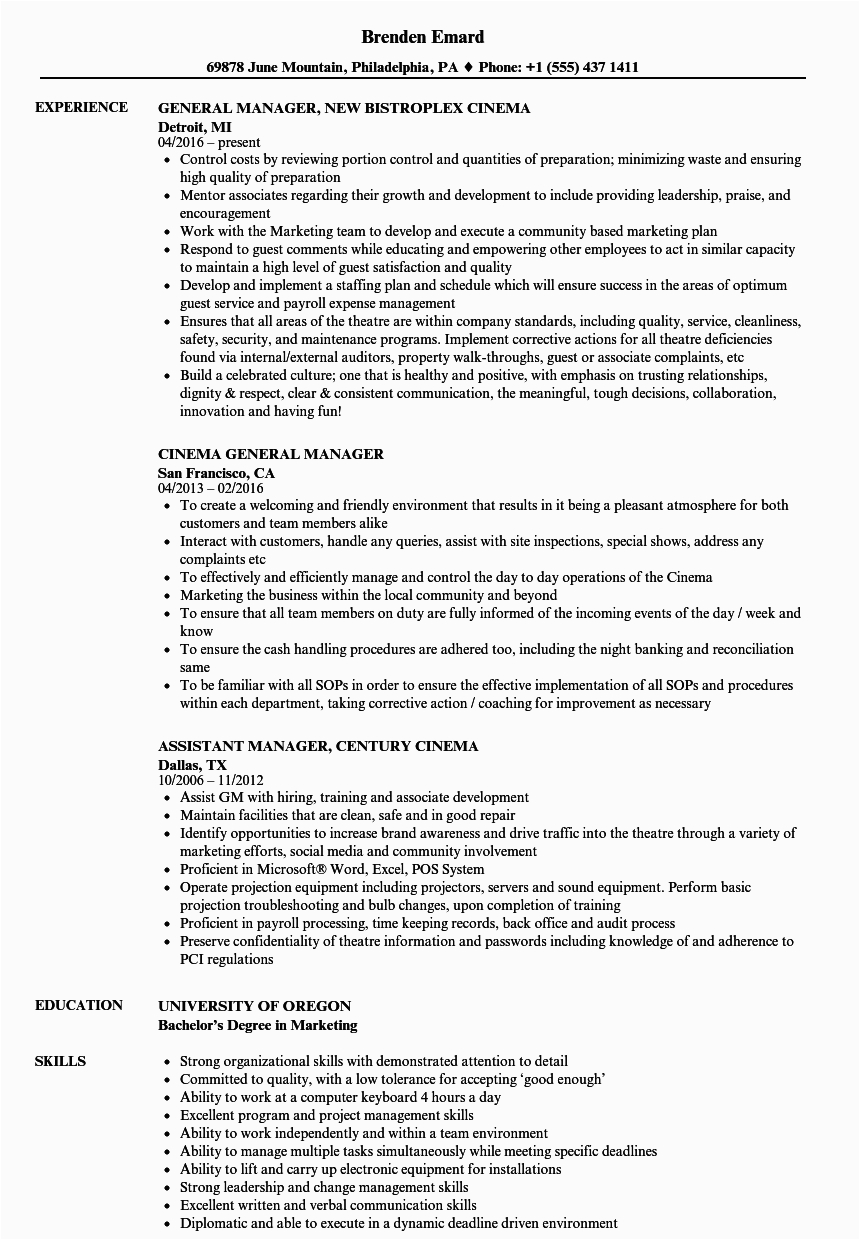 Sample Resume for Movie theater Manager Cinema Manager Resume Samples