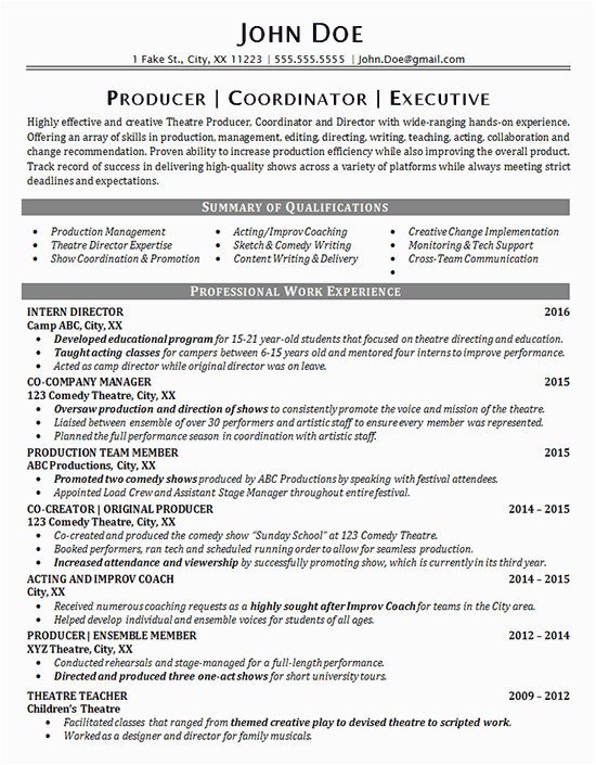 Sample Resume for Movie theater Manager theater Resume Example Entertainment Production Fine Arts