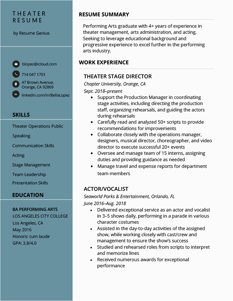 Sample Resume for Movie theater Manager theater Resume