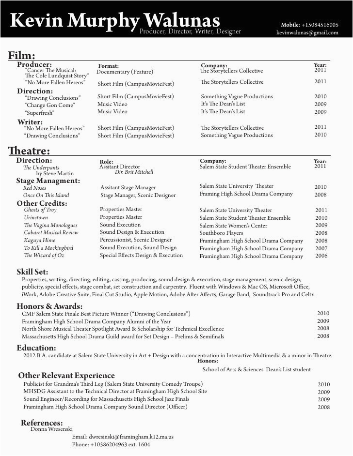Sample Resume for Movie theater Manager & theatre Resume Kevin Murphy Walunas
