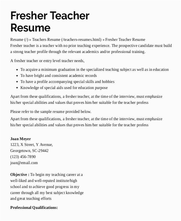 Sample Resume for Play School Teacher Fresher Resume format for Kindergarten Teacher Fresher