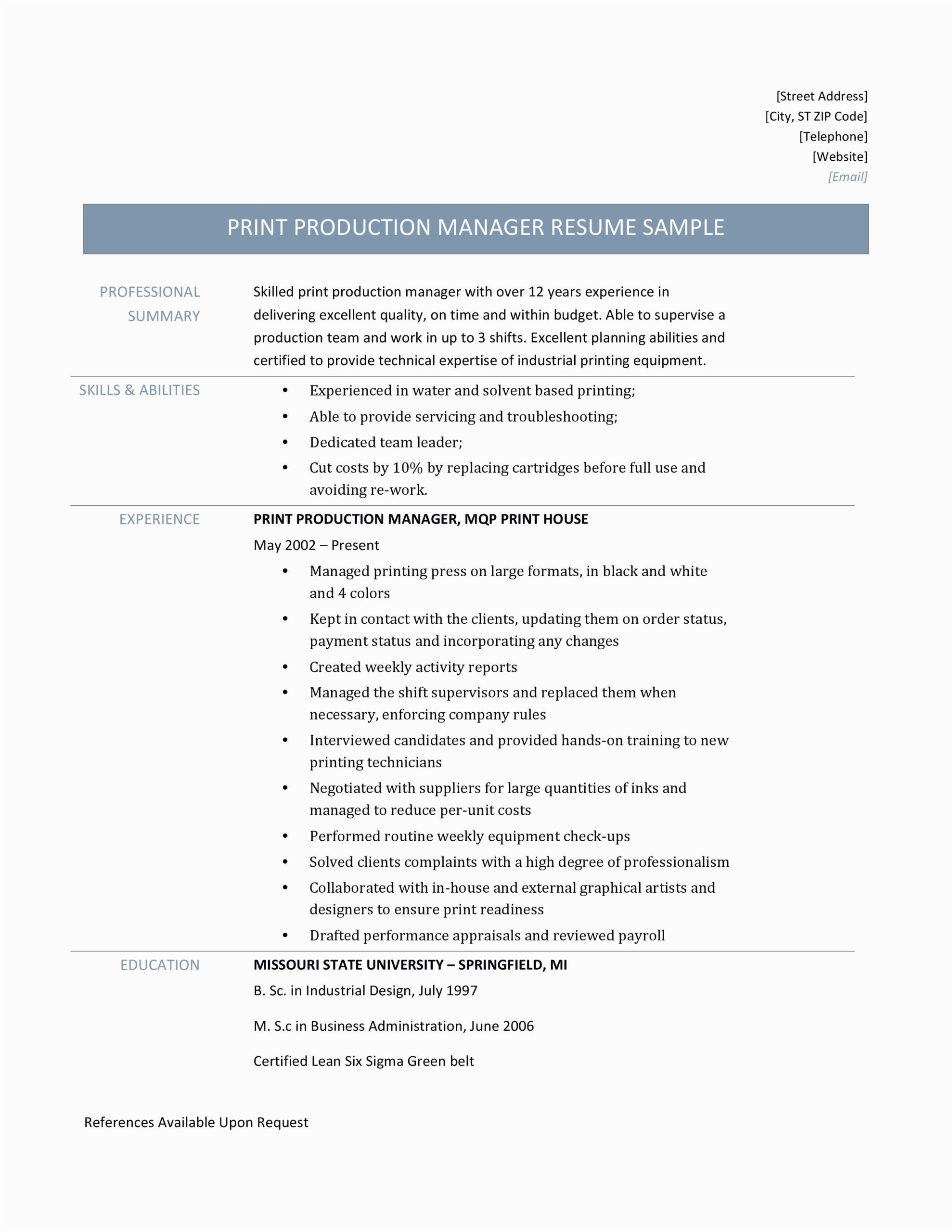 Sample Resume for Print Production Manager Print Production Manager Resume