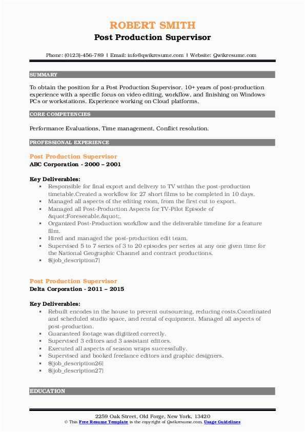 Sample Resume for Production Manager Post Post Production Supervisor Resume Samples