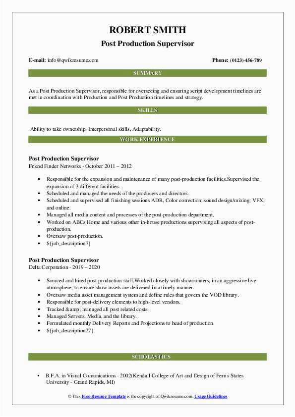 Sample Resume for Production Manager Post Post Production Supervisor Resume Samples