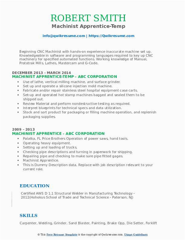Sample Resume Of Entry Level Machinist and Welder Machinist Apprentice Resume Samples