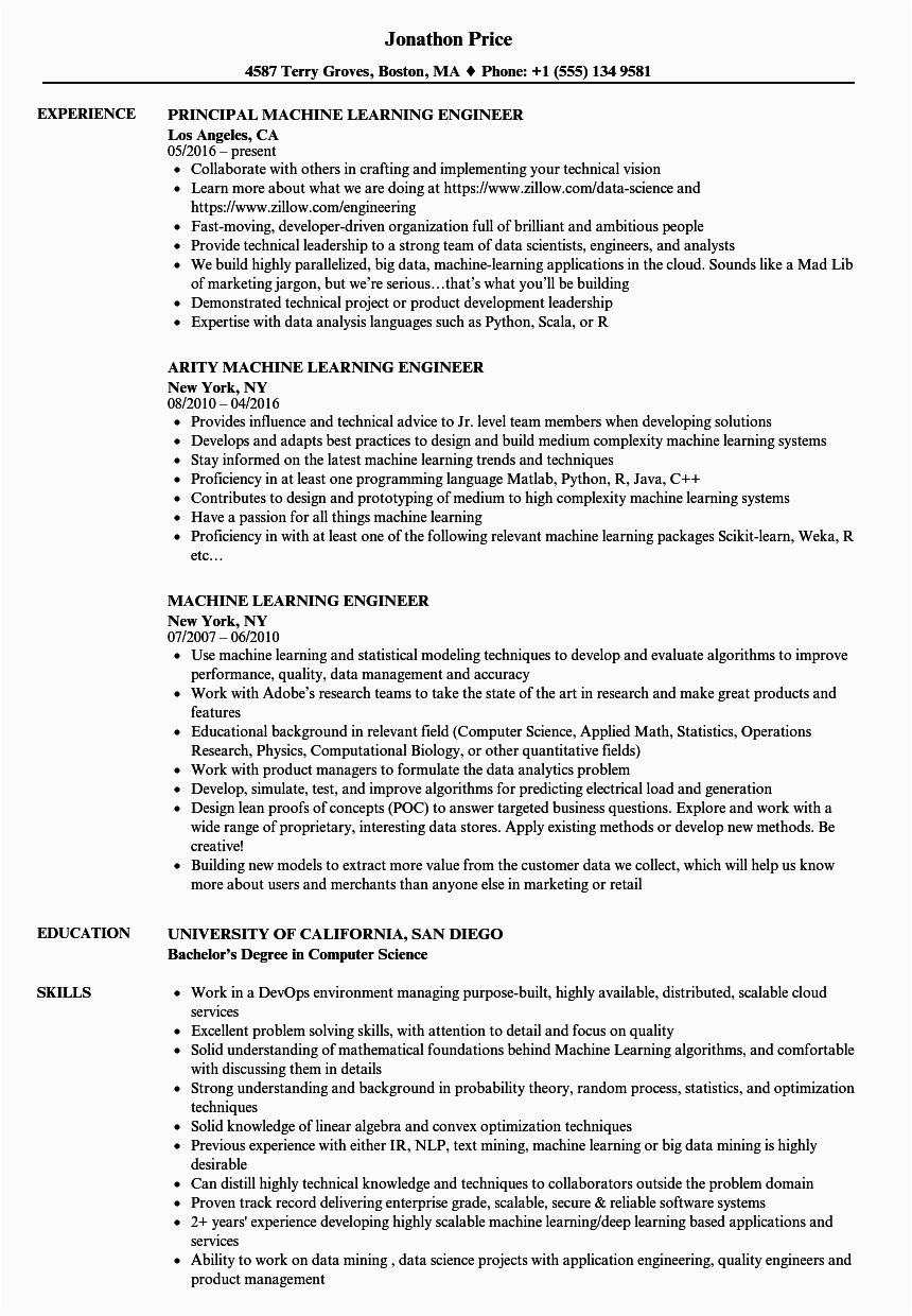 Sample Resumes for Machine Learnign Jobs Machine Learning Engineer Resume Samples