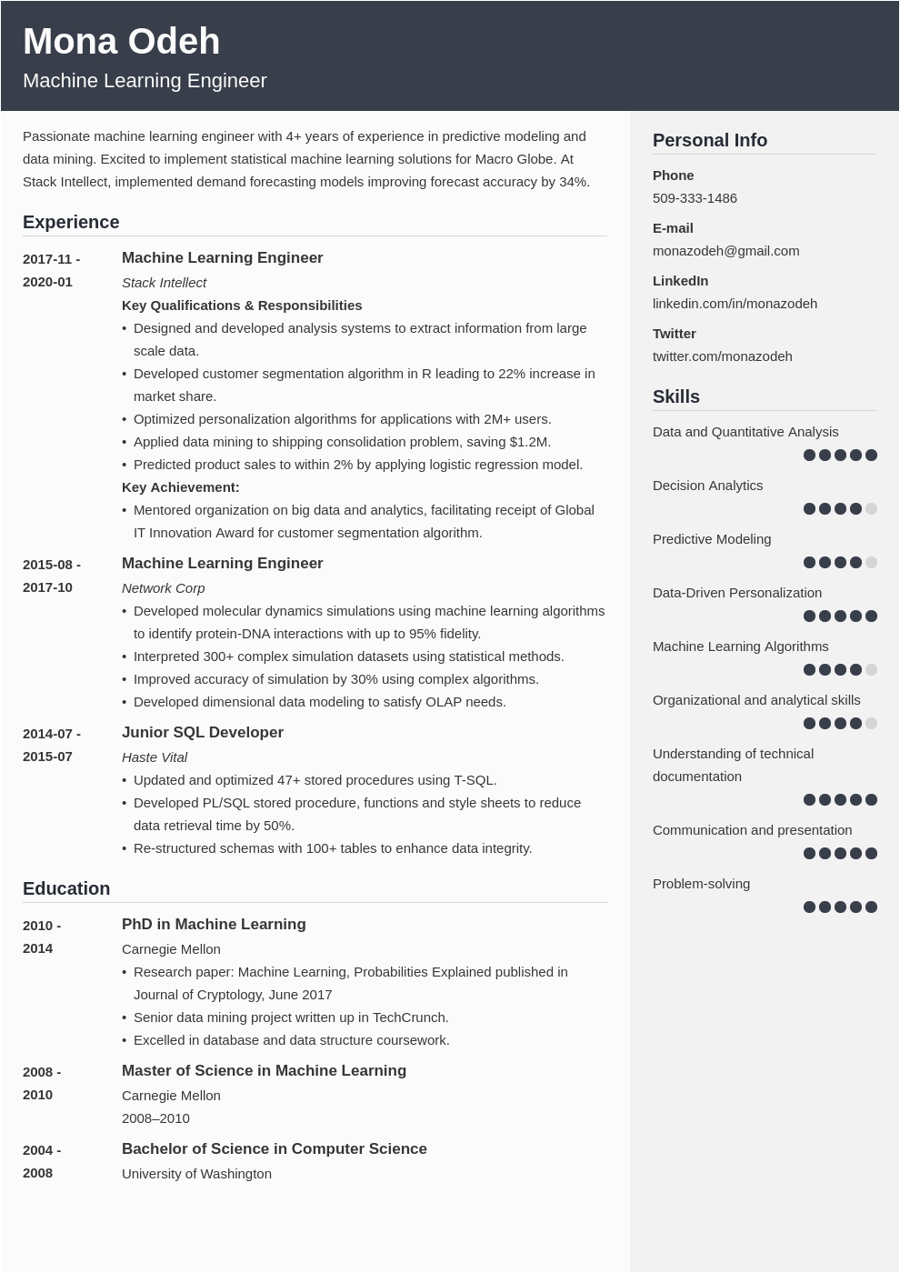 Sample Resumes for Machine Learnign Jobs Machine Learning Resume Samples and Writing Guide