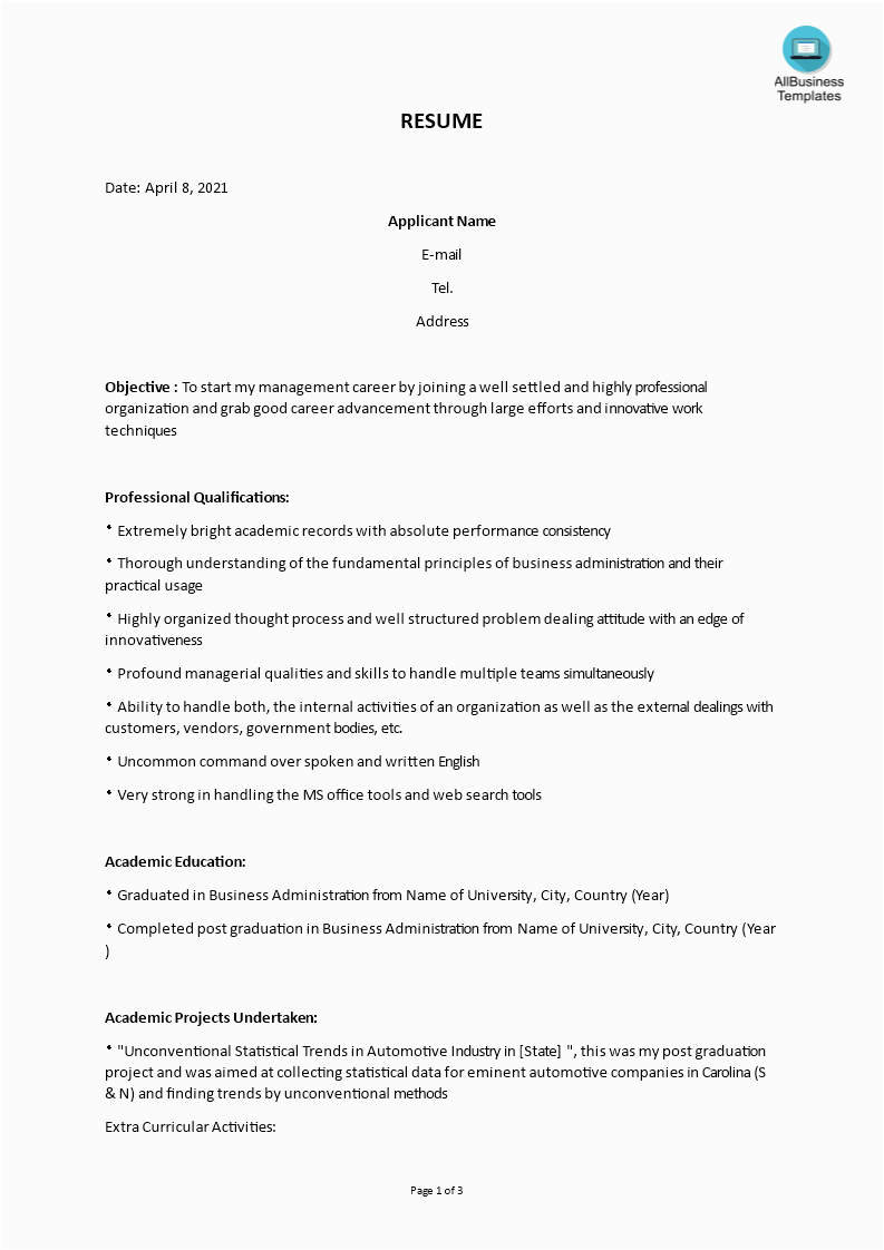 Sample Resumes for Mba Graduate Looking for First Job Resume Mba Model for Job Mba Fresher Resume Template for Microsoft