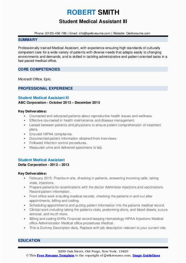 Sample Resumes for Medical assistant Students Student Medical assistant Resume Samples
