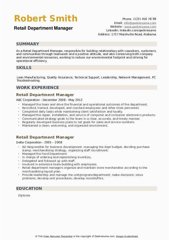 Sample Skills for Retail Management On Resume Retail Department Manager Resume Samples