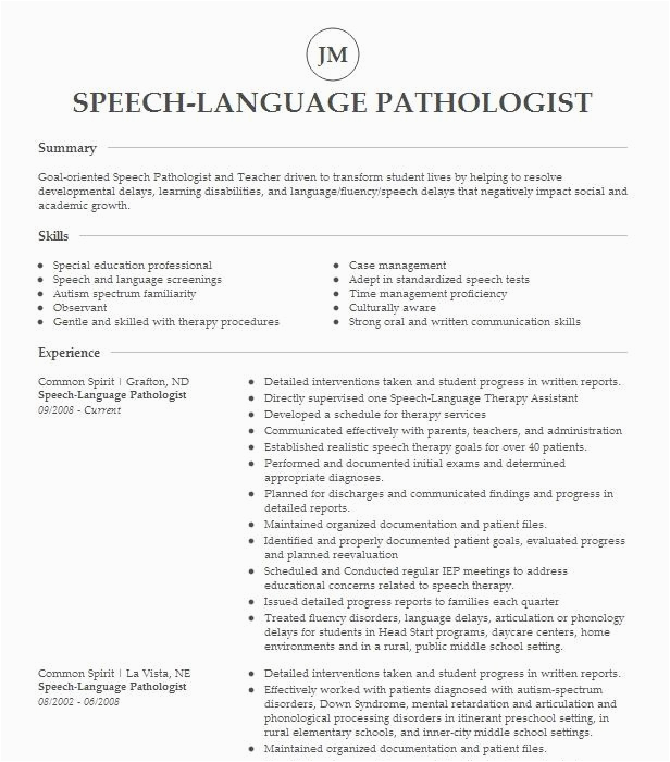 School Based Speech Language Pathologist Resume Sample Speech Language Pathologist Cfy Resume Example Learn It Systems