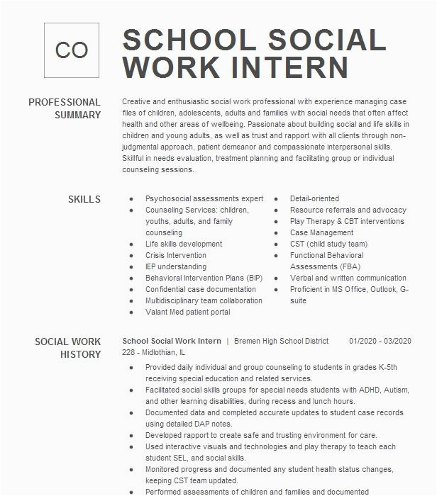 School social Work Intern Resume Sample School social Work Intern Resume Example Bremen High School District
