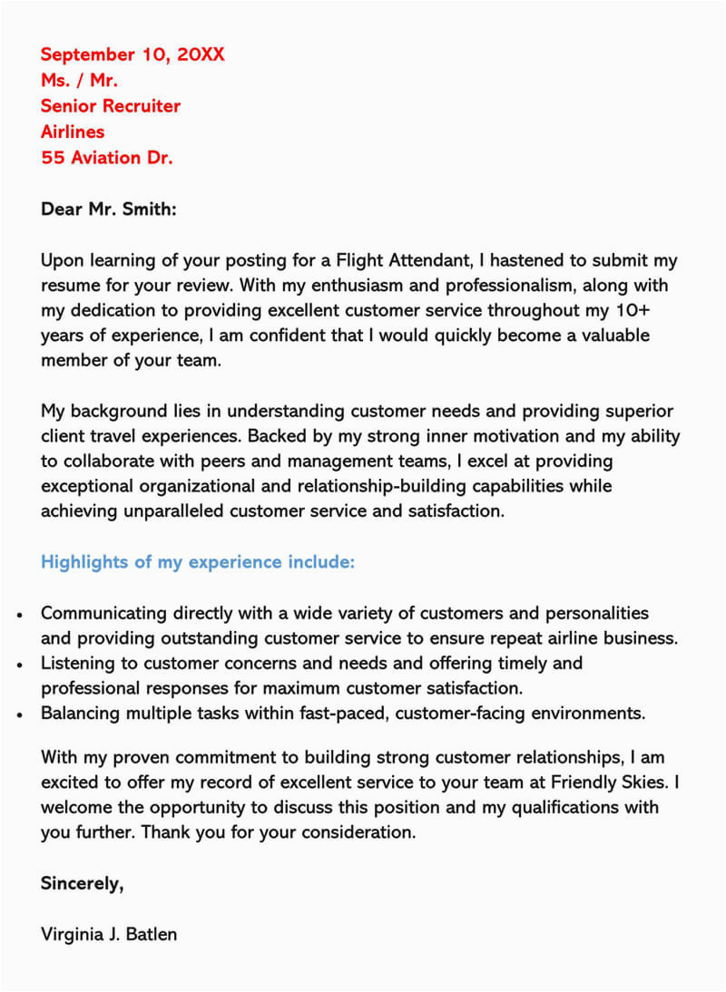 Cover Letter Resume Samples Experience Flight attendant Flight attendant Cover Letter 20 Samples & Email Examples