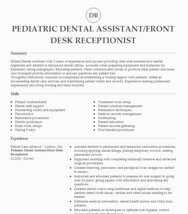Dental Front Office assistant Resume Sample Pediatric Dental assistant Front Desk Receptionist Resume Example