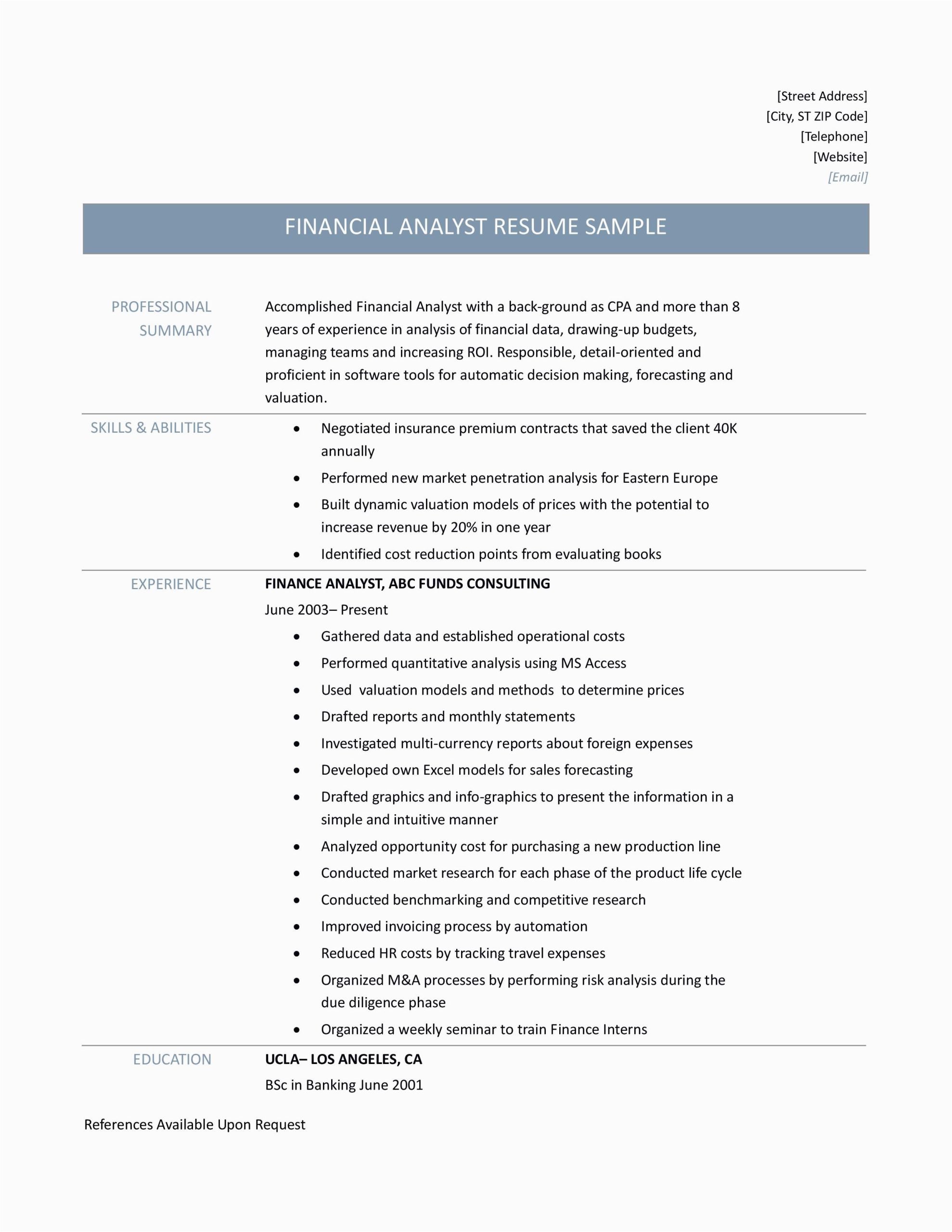 Financial Analyst Job Description Sample Resume Finance Analyst Resume Samples Tips and Templates