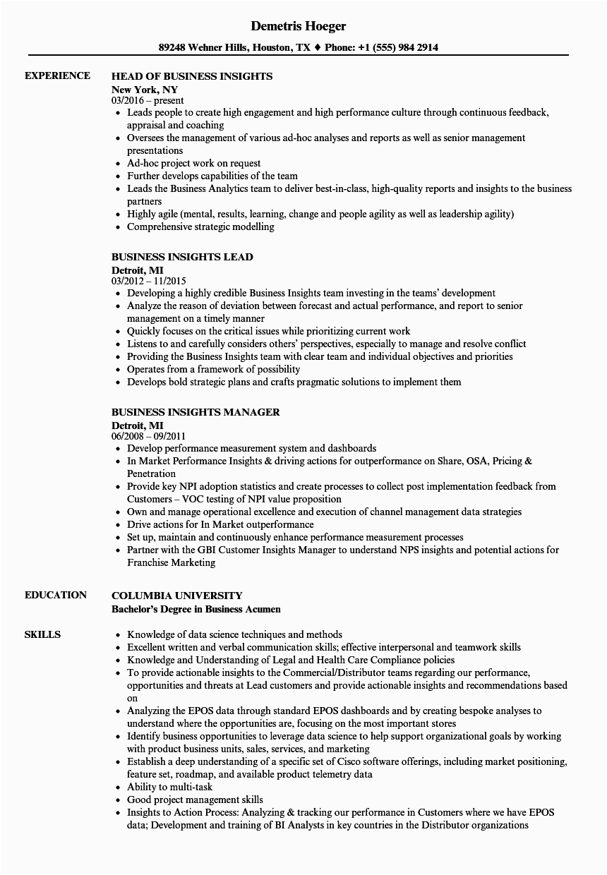 Gbs Strategy and Planning Sample Resume Business Insights Resume Samples