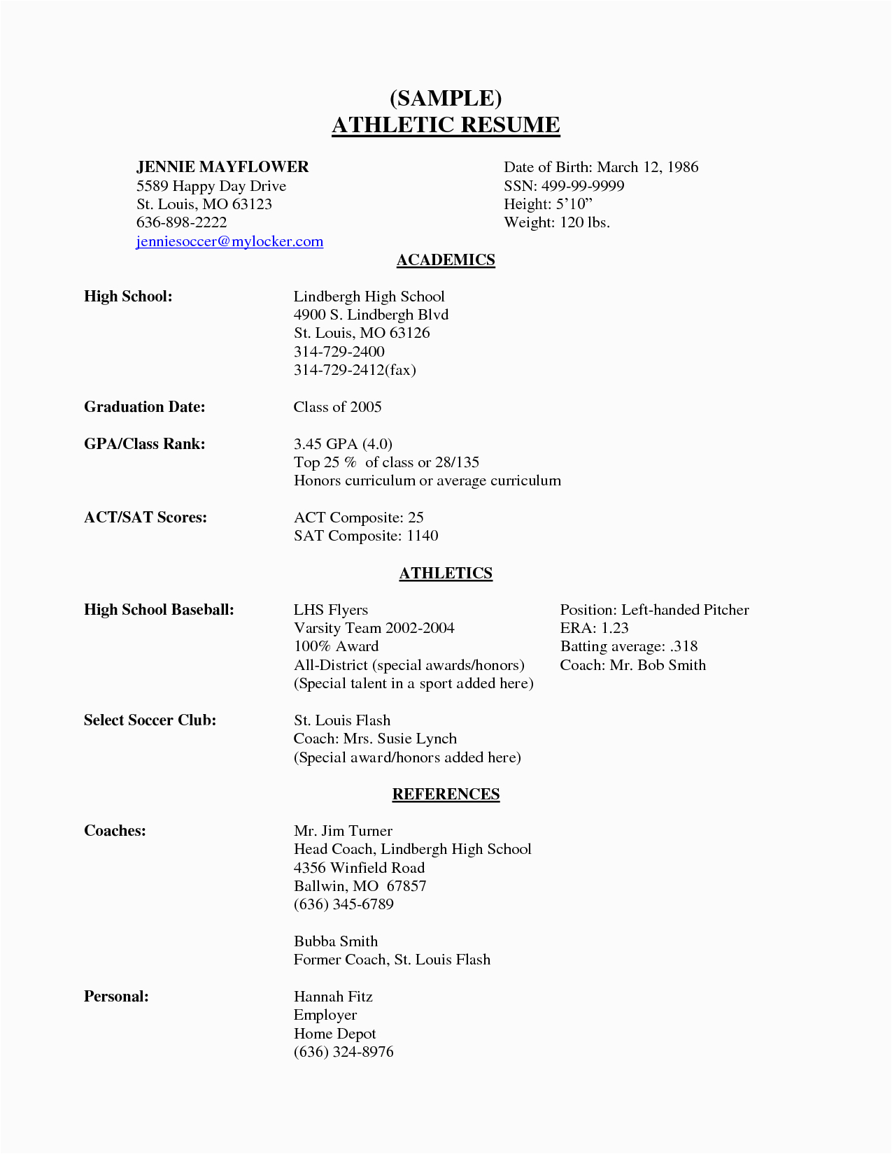 High School Senior College Resume Sample Sample athletic Resume