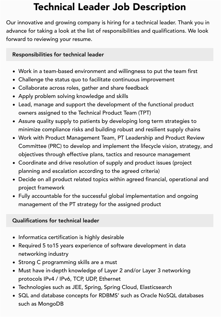 Informatica Big Data Edition Sample Resume Technical Leader Job Description