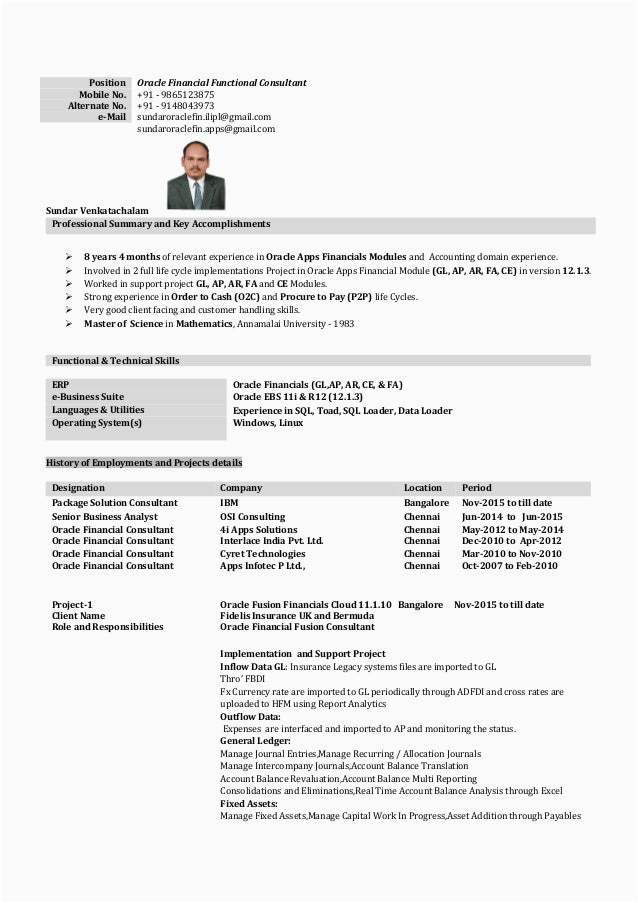 Oracle Financial Functional Consultant Sample Resume oracle Financial with 8 Years 4 Months