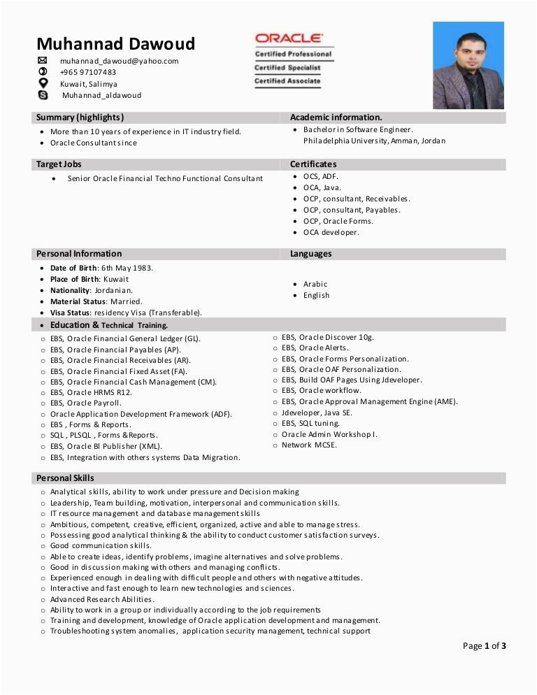 Oracle Hrms Technical Consultant Resume Sample Cv Senior oracle Financial Hrms Techno Functional Consultant